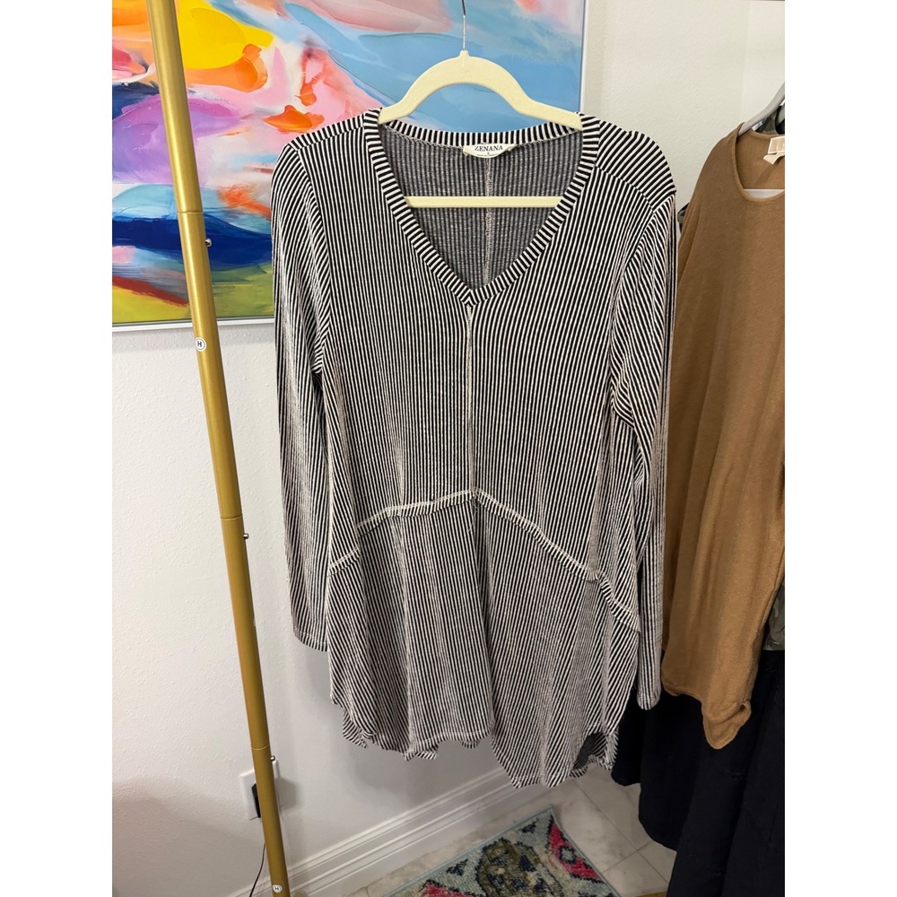 Zenana Striped V-Neck Long Sleeve Tunic Top Black White Large RRT-8380Y